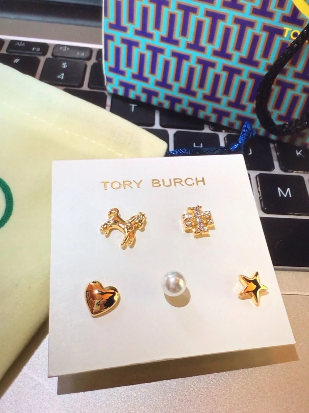 Tory Burch Girls Gold Tone Mixed Stud Earring Set with Pearl